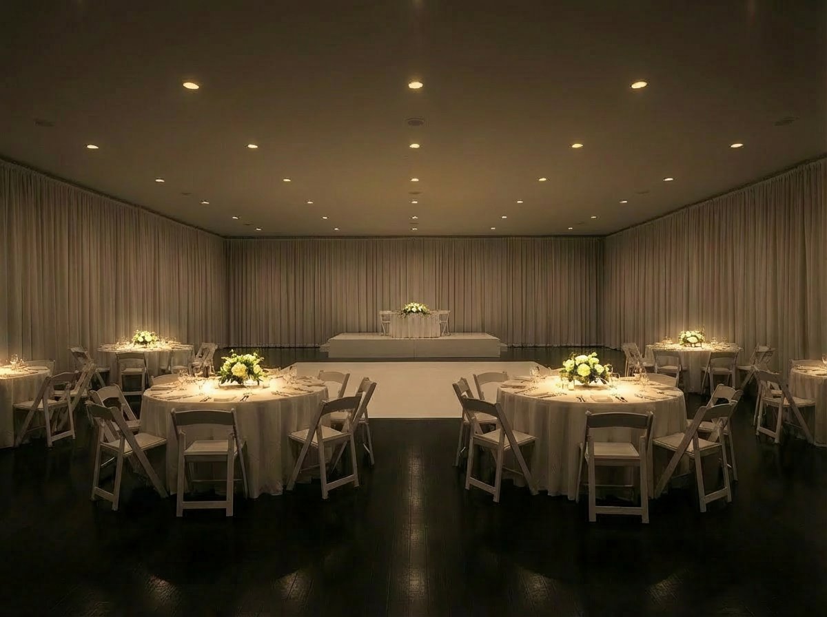 Reception venue with pin spot lighting highlighting table centerpieces