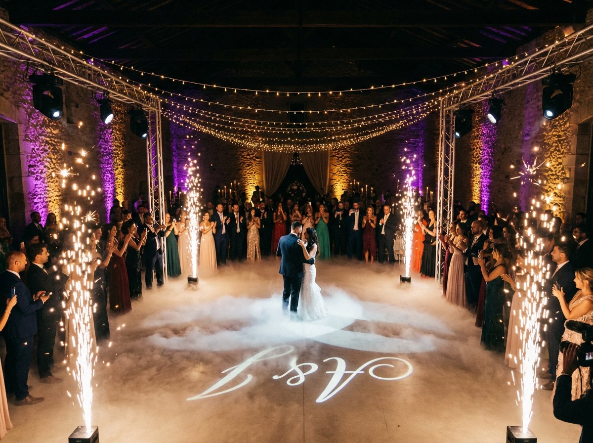 Special effects lighting with cold sparklers, fog, and monogram projection at a luxury event
