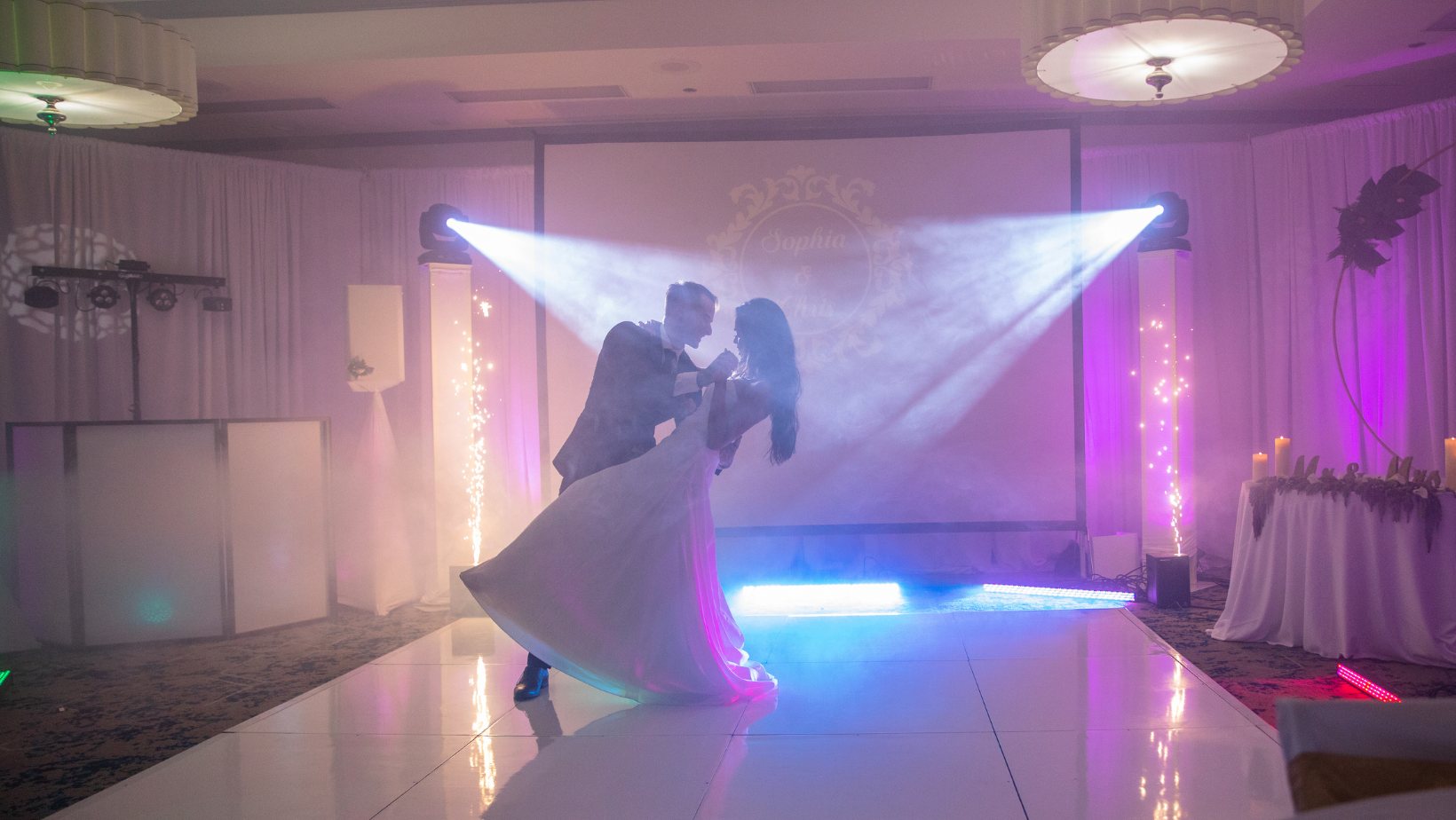 Dance-floor lighting and uplighting by Lotus Event Pros