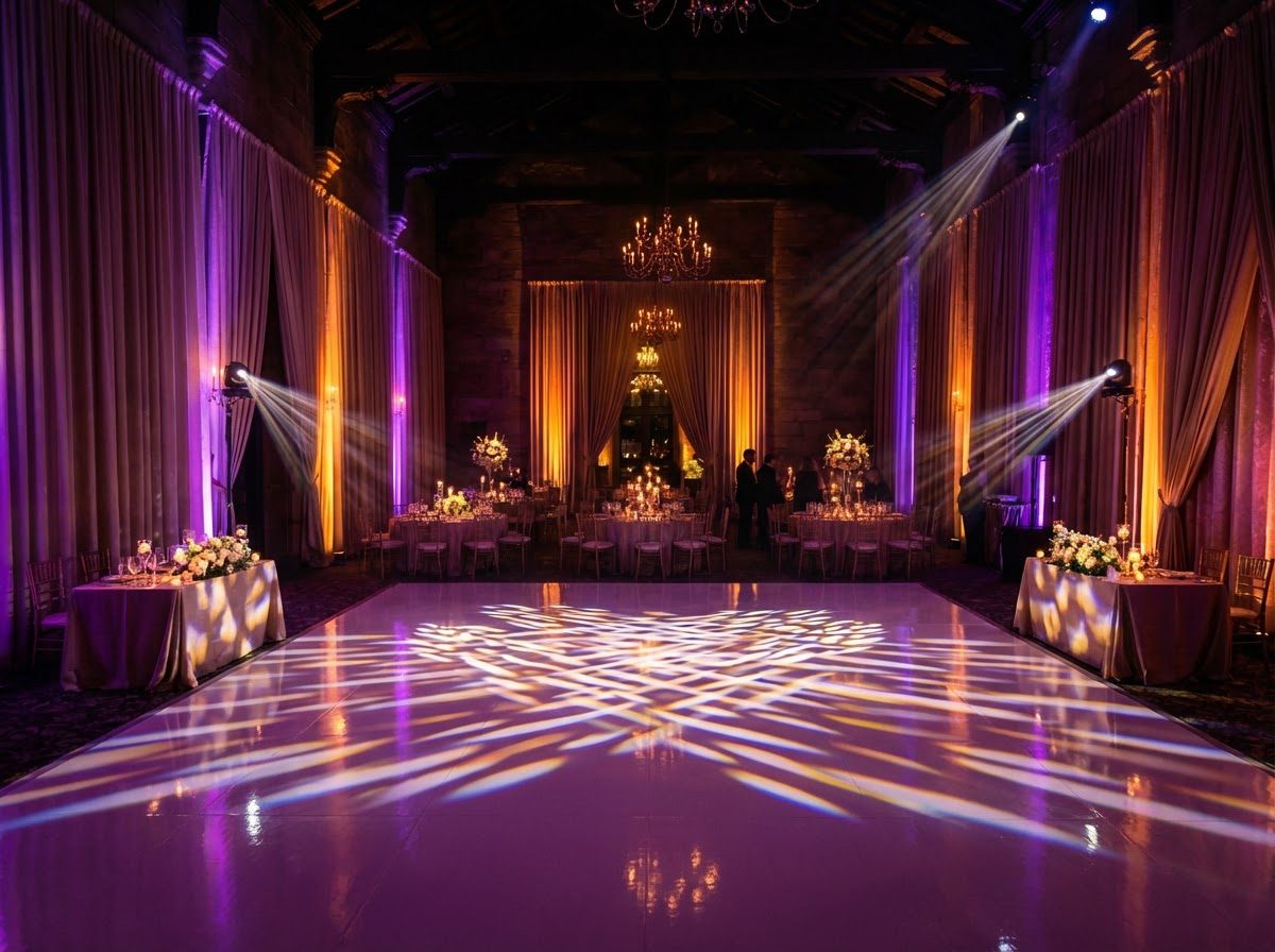Luxury event venue with dramatic uplighting, white dancefloor, and pipe and drapes