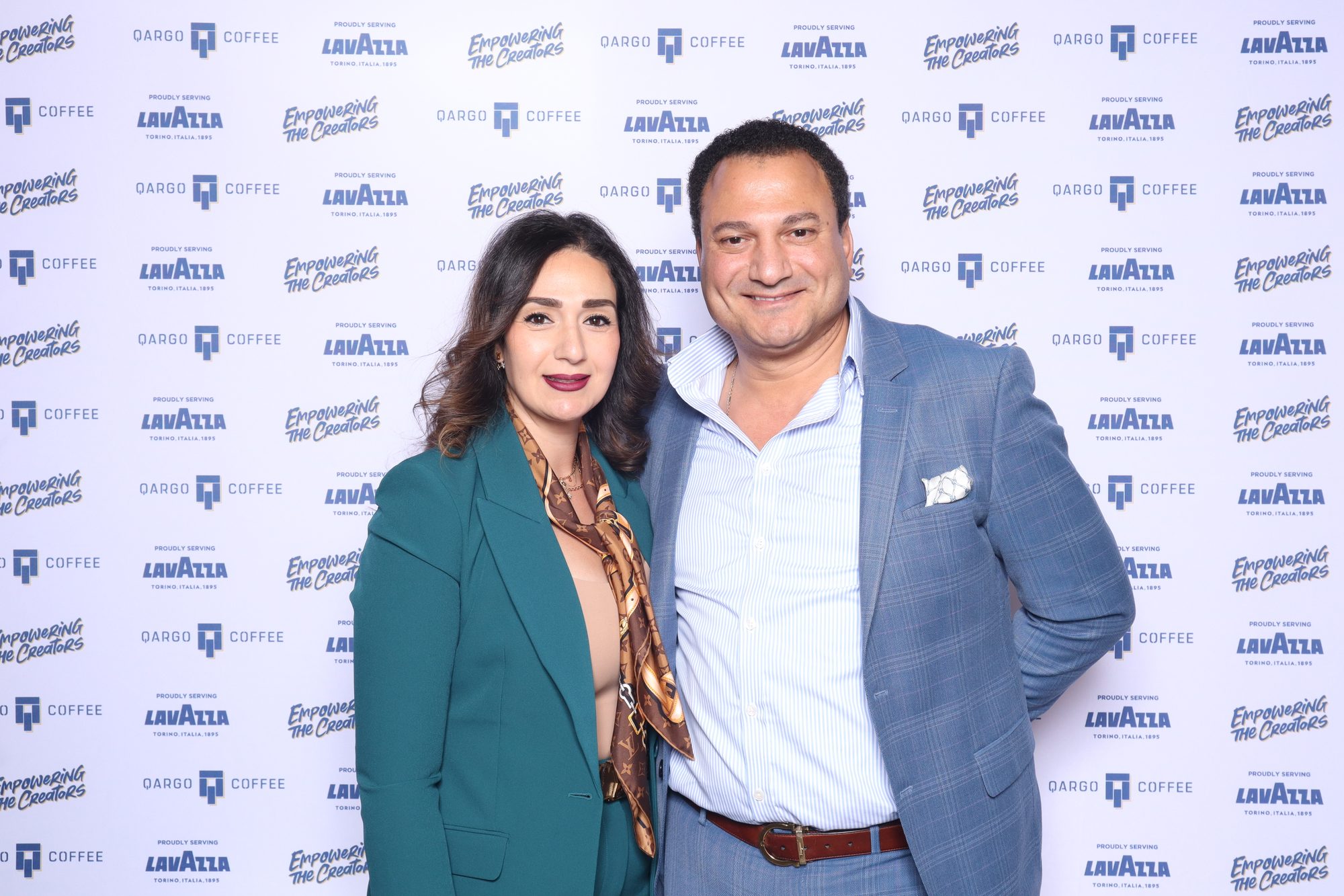 Corporate event photobooth with branded step and repeat backdrop