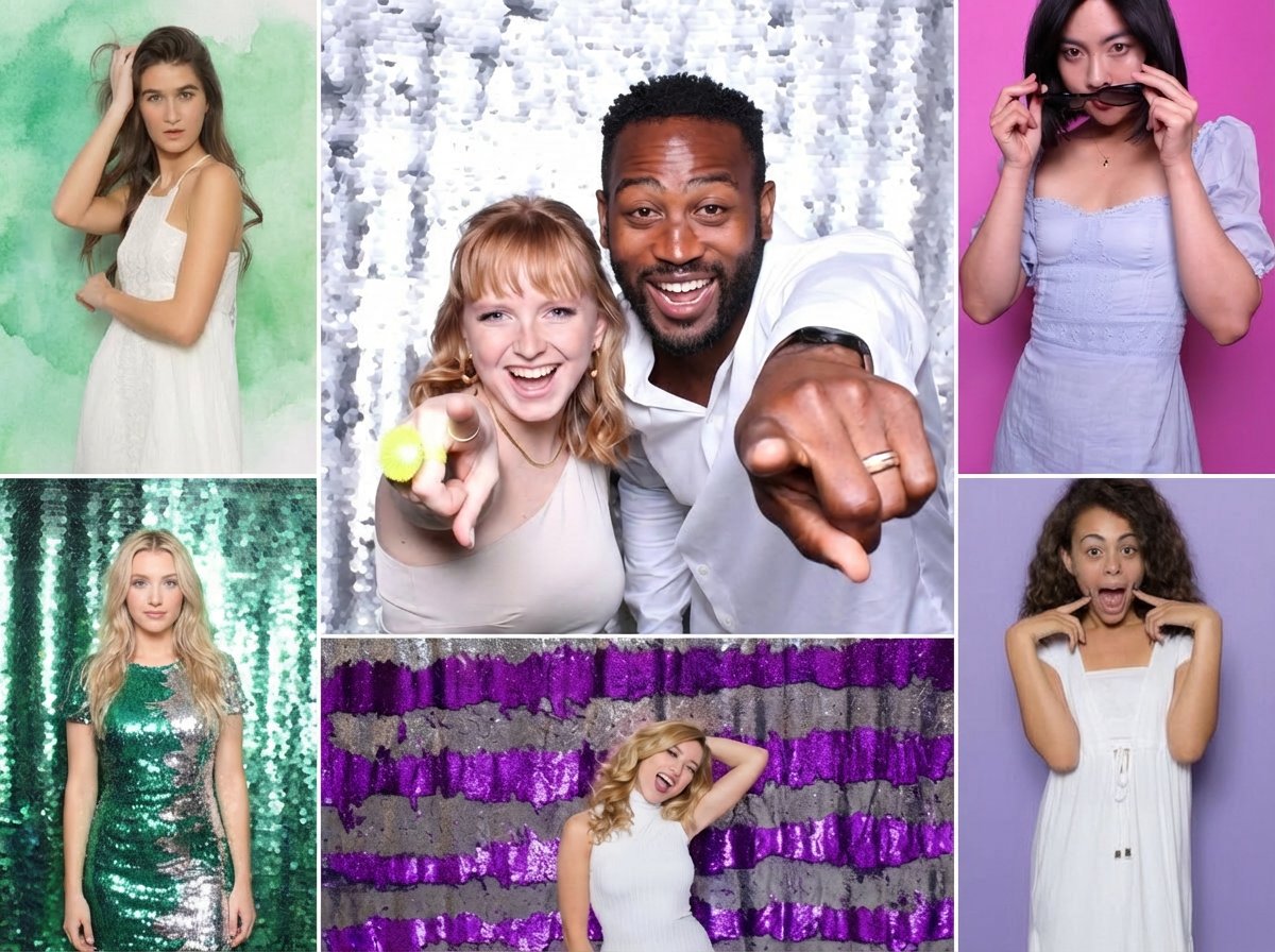 Four photobooth backdrop options showing different colored sequin and solid backgrounds